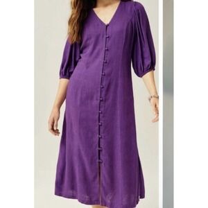 J.‎ Jill Viscose Linen Blend Midi Dress Purple Puff Sleeve Button Small Petite